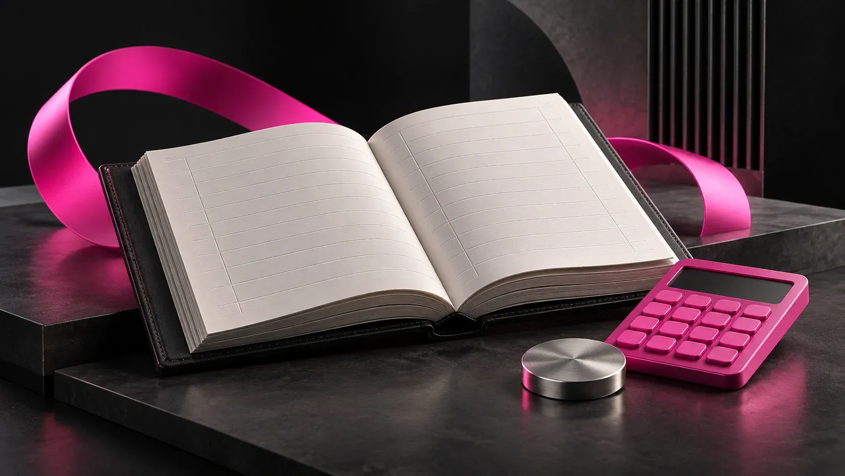 Illustration of IFG Registro dei Corrispettivi: an open ledger, a calculator and coins.