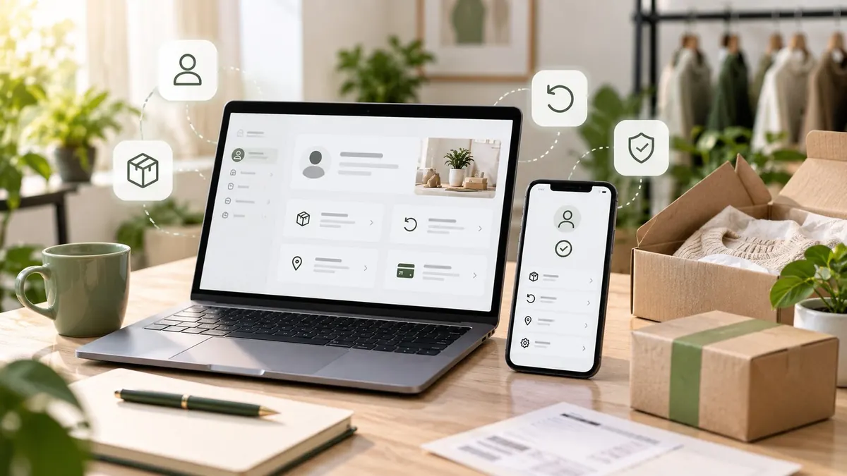 Postazione e-commerce con laptop e smartphone che mostrano un account cliente, ordini, resi e profilo