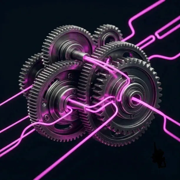 Rappresentazione astratta di ingranaggi meccanici e circuiti digitali con luci magenta su sfondo nero per e-commerce Shopify.