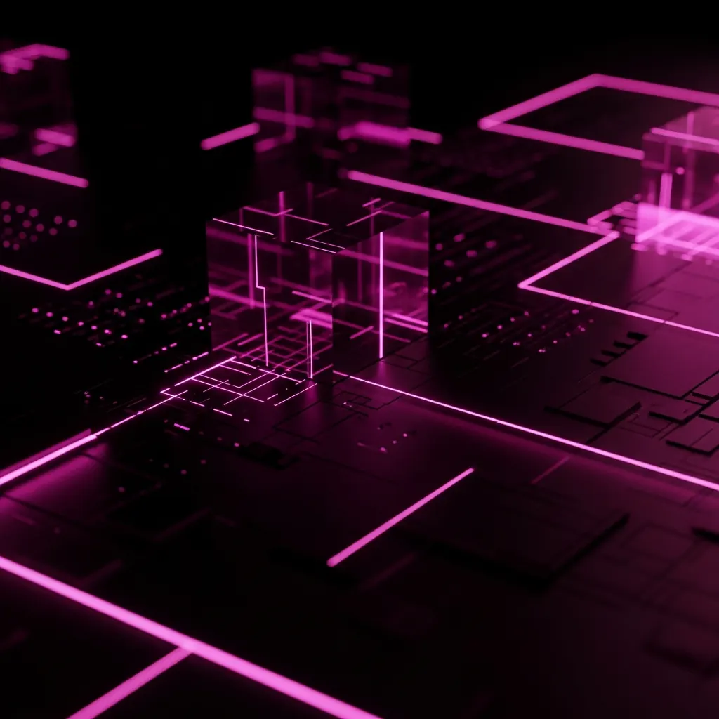 Rappresentazione geometrica astratta con prismi rosa magenta su sfondo nero che simboleggia la velocità di elaborazione e l'ottimizzazione del codice per e-commerce Shopify.