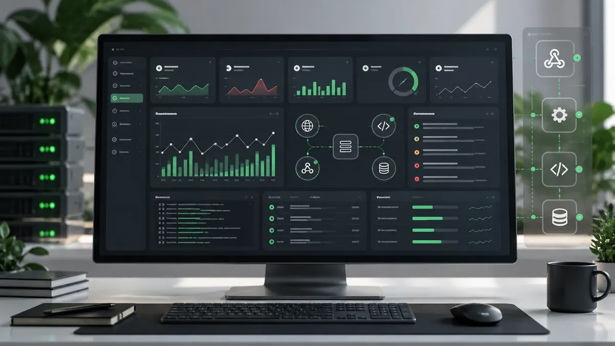 Monitor ultrawide in una postazione di lavoro con dashboard tecnica scura, grafici, log e diagrammi di API e webhook evidenziati in verde