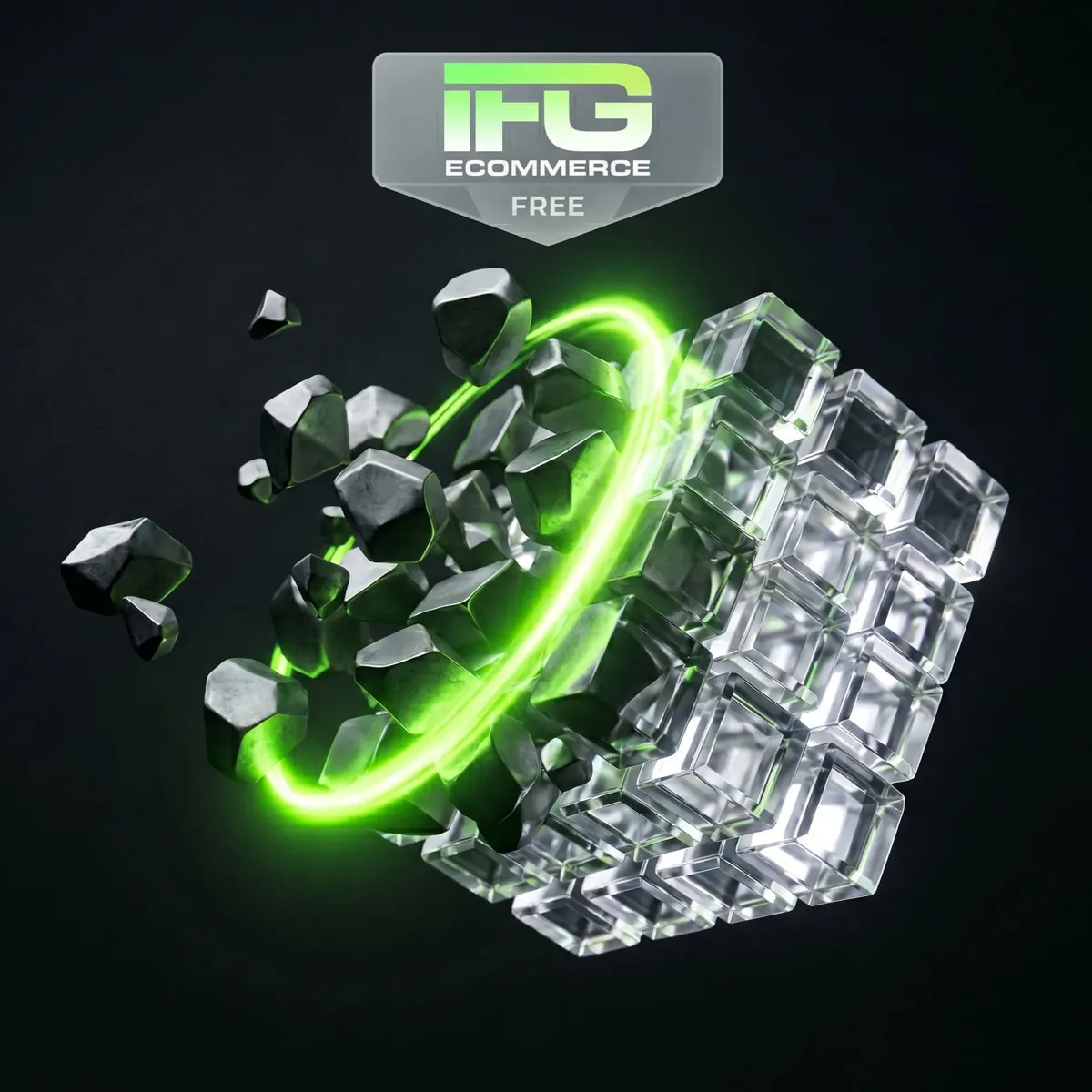 Visualizzazione astratta di forme scure irregolari che si allineano perfettamente in una griglia cristallina dopo essere state colpite da luce verde neon, simboleggiando l'ottimizzazione istantanea. Copertina quadrata IFG eCOMMERCE con solo logo.